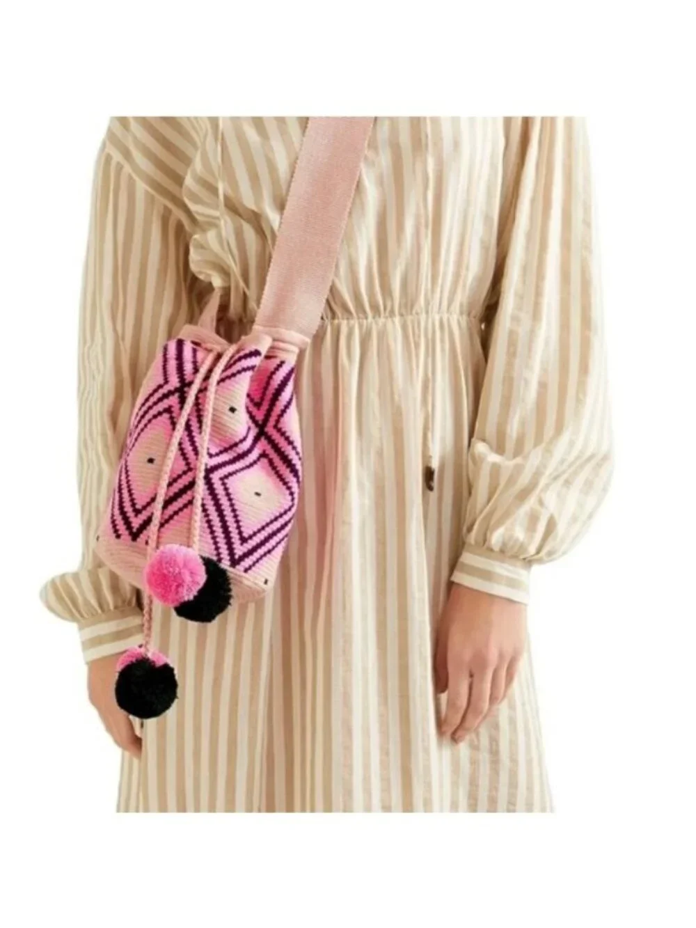 Sophie Anderson Lila Pom Pom Bucket Bag NEW Pink Blue Woven Boho Beachy Travel
